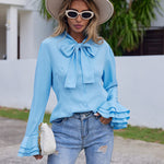 Women Bow Tie Neck Blouses Ruffle Long Sleeve Shirts Button-Down Office Work Casual Tops XS-3XL - Nadorine (Us Only)