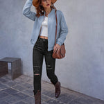 Faux Bomber Zip Up Lightweight Jacket Coat with Pockets - Nadorine (Us Only)