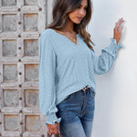 Nadorine Women Casual V Neck T-Shirts Ruffle Long Sleeve Shirt Eyelet Loose Blouses S-XXL