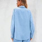 Womens 2 Piece Outfits Lounge Sets Cotton Linen Long Sleeve V-Neck Shirt and Mini Shorts With Pockets - Nadorine (Us Only)