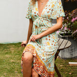 Nadorine Women's Bohemian Floral Tie Front V Neck Midi Dresses