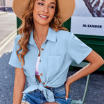 Nadorine Color Block Short Sleeve Cotton Linen Causal Tops