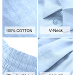Womens 2 Piece Outfits Lounge Sets Cotton Linen Long Sleeve V-Neck Shirt and Mini Shorts With Pockets - Nadorine (Us Only)