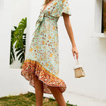 Nadorine Women's Bohemian Floral Tie Front V Neck Midi Dresses