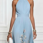 Light Blue Floral Chiffon Halter Sleeveless Maxi Dress
