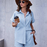 Women's 2 Piece Casual Tracksuit Outfit Sets Cotton Linen Short Sleeve Button Down Shirt and Loose Casual Shorts Set - Nadorine (Us Only)