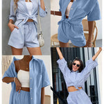 Women's 2 Piece Casual Tracksuit Outfit Sets Cotton Linen Short Sleeve Button Down Shirt and Loose Casual Shorts Set - Nadorine (Us Only)