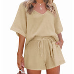 Women's 2 Piece Cotton Linen Tracksuit Short Sleeve Casual Shorts Set V Neck Beach Outfits - Nadorine (Us Only)