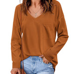 Nadorine Women Waffle Knit Tops Casual Long Sleeve Shirts Solid Color V Neck Shirt