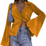 Women's Deep V Neck Shirt Button Front Blouse Bell Long Sleeve Tops - Nadorine (Us Only)