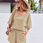 Women's 2 Piece Cotton Linen Tracksuit Short Sleeve Casual Shorts Set V Neck Beach Outfits - Nadorine (Us Only)