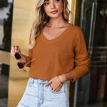 Nadorine Women Waffle Knit Tops Casual Long Sleeve Shirts Solid Color V Neck Shirt