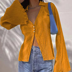 Women's Deep V Neck Shirt Button Front Blouse Bell Long Sleeve Tops - Nadorine (Us Only)