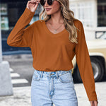 Nadorine Women Waffle Knit Tops Casual Long Sleeve Shirts Solid Color V Neck Shirt