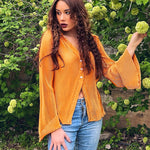 Women's Deep V Neck Shirt Button Front Blouse Bell Long Sleeve Tops - Nadorine (Us Only)