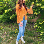 Women's Deep V Neck Shirt Button Front Blouse Bell Long Sleeve Tops - Nadorine (Us Only)