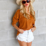 Nadorine Women Waffle Knit Tops Casual Long Sleeve Shirts Solid Color V Neck Shirt