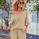 Women's 2 Piece Cotton Linen Tracksuit Short Sleeve Casual Shorts Set V Neck Beach Outfits - Nadorine (Us Only)