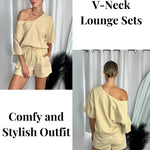 Women's 2 Piece Cotton Linen Tracksuit Short Sleeve Casual Shorts Set V Neck Beach Outfits - Nadorine (Us Only)