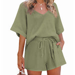 Women's 2 Piece Cotton Linen Tracksuit Short Sleeve Casual Shorts Set V Neck Beach Outfits - Nadorine (Us Only)