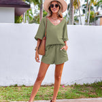 Women's 2 Piece Cotton Linen Tracksuit Short Sleeve Casual Shorts Set V Neck Beach Outfits - Nadorine (Us Only)