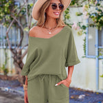 Women's 2 Piece Cotton Linen Tracksuit Short Sleeve Casual Shorts Set V Neck Beach Outfits - Nadorine (Us Only)