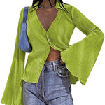 Women's Deep V Neck Shirt Button Front Blouse Bell Long Sleeve Tops - Nadorine (Us Only)