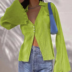 Women's Deep V Neck Shirt Button Front Blouse Bell Long Sleeve Tops - Nadorine (Us Only)