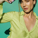 Women's Deep V Neck Shirt Button Front Blouse Bell Long Sleeve Tops - Nadorine (Us Only)