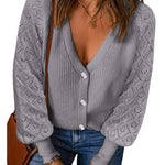 Lantern Sleeve Button Down Cable Knit Sweate - Nadorine (Us Only)