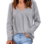 Nadorine Women Waffle Knit Tops Casual Long Sleeve Shirts Solid Color V Neck Shirt