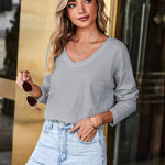 Nadorine Women Waffle Knit Tops Casual Long Sleeve Shirts Solid Color V Neck Shirt