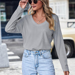 Nadorine Women Waffle Knit Tops Casual Long Sleeve Shirts Solid Color V Neck Shirt