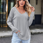 Nadorine Women Waffle Knit Tops Casual Long Sleeve Shirts Solid Color V Neck Shirt