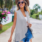 Women's Sleeveless Draped Open Front Cardigan Ruffles Hem Vest - Nadorine (Us Only)