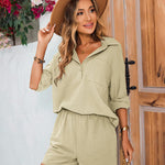 Womens 2 Piece Outfits Lounge Sets Cotton Linen Long Sleeve V-Neck Shirt and Mini Shorts With Pockets - Nadorine (Us Only)