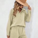 Womens 2 Piece Outfits Lounge Sets Cotton Linen Long Sleeve V-Neck Shirt and Mini Shorts With Pockets - Nadorine (Us Only)