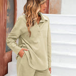 Womens 2 Piece Outfits Lounge Sets Cotton Linen Long Sleeve V-Neck Shirt and Mini Shorts With Pockets - Nadorine (Us Only)