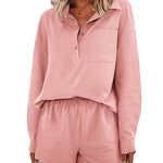 Womens 2 Piece Outfits Lounge Sets Cotton Linen Long Sleeve V-Neck Shirt and Mini Shorts With Pockets - Nadorine (Us Only)