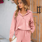 Womens 2 Piece Outfits Lounge Sets Cotton Linen Long Sleeve V-Neck Shirt and Mini Shorts With Pockets - Nadorine (Us Only)