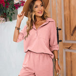 Womens 2 Piece Outfits Lounge Sets Cotton Linen Long Sleeve V-Neck Shirt and Mini Shorts With Pockets - Nadorine (Us Only)