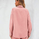 Womens 2 Piece Outfits Lounge Sets Cotton Linen Long Sleeve V-Neck Shirt and Mini Shorts With Pockets - Nadorine (Us Only)