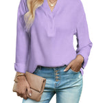Womens Blouses Dressy Casual Long Sleeve Henley V-Neck Button Up Drop Shoulder Blouse Shirt Tops Relaxed Fit S-XXL - Nadorine (Us Only)