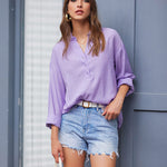 Womens Blouses Dressy Casual Long Sleeve Henley V-Neck Button Up Drop Shoulder Blouse Shirt Tops Relaxed Fit S-XXL - Nadorine (Us Only)