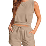 Womens Summer 2 Piece Outfits Sleeveless Round Neck Tops and High-waisted with Drawstring Casual Shorts Tracksuit Sets - Nadorine (Us Only)