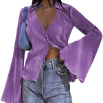 Women's Deep V Neck Shirt Button Front Blouse Bell Long Sleeve Tops - Nadorine (Us Only)