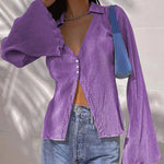 Women's Deep V Neck Shirt Button Front Blouse Bell Long Sleeve Tops - Nadorine (Us Only)