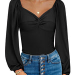 Puff Sleeve Twist Knot Front Tops Bodysuit - Nadorine (Us Only)
