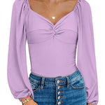 Puff Sleeve Twist Knot Front Tops Bodysuit - Nadorine (Us Only)
