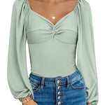 Puff Sleeve Twist Knot Front Tops Bodysuit - Nadorine (Us Only)